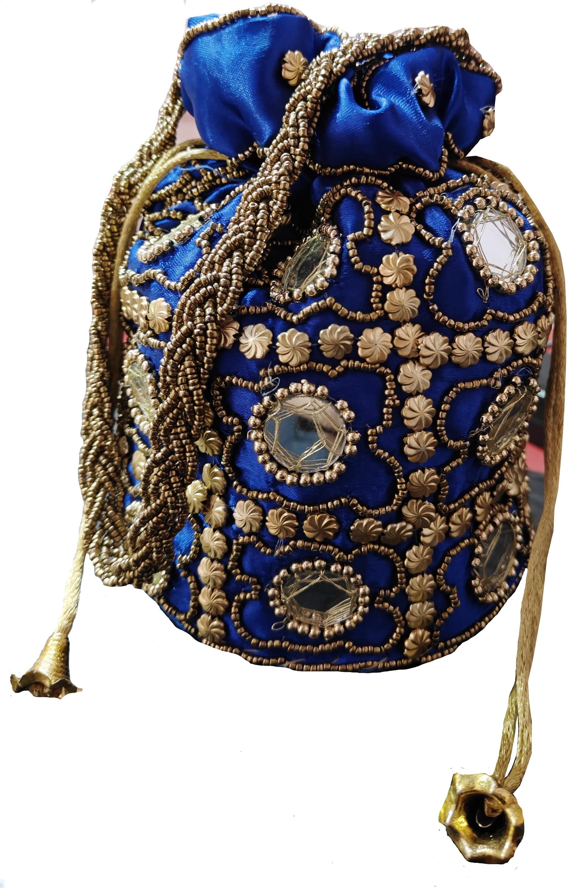 Indische Ethno-Potli-Tasche mit Spiegelarbeit | Handtasche | Geldbörse für Partys, Hochzeiten und Geschenke | Spiegel-Potli für Damen | Schmuckgeldbörse für Damen, Blau