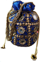 Indische Ethno-Potli-Tasche mit Spiegelarbeit | Handtasche | Geldbörse für Partys, Hochzeiten und Geschenke | Spiegel-Potli für Damen | Schmuckgeldbörse für Damen, Blau