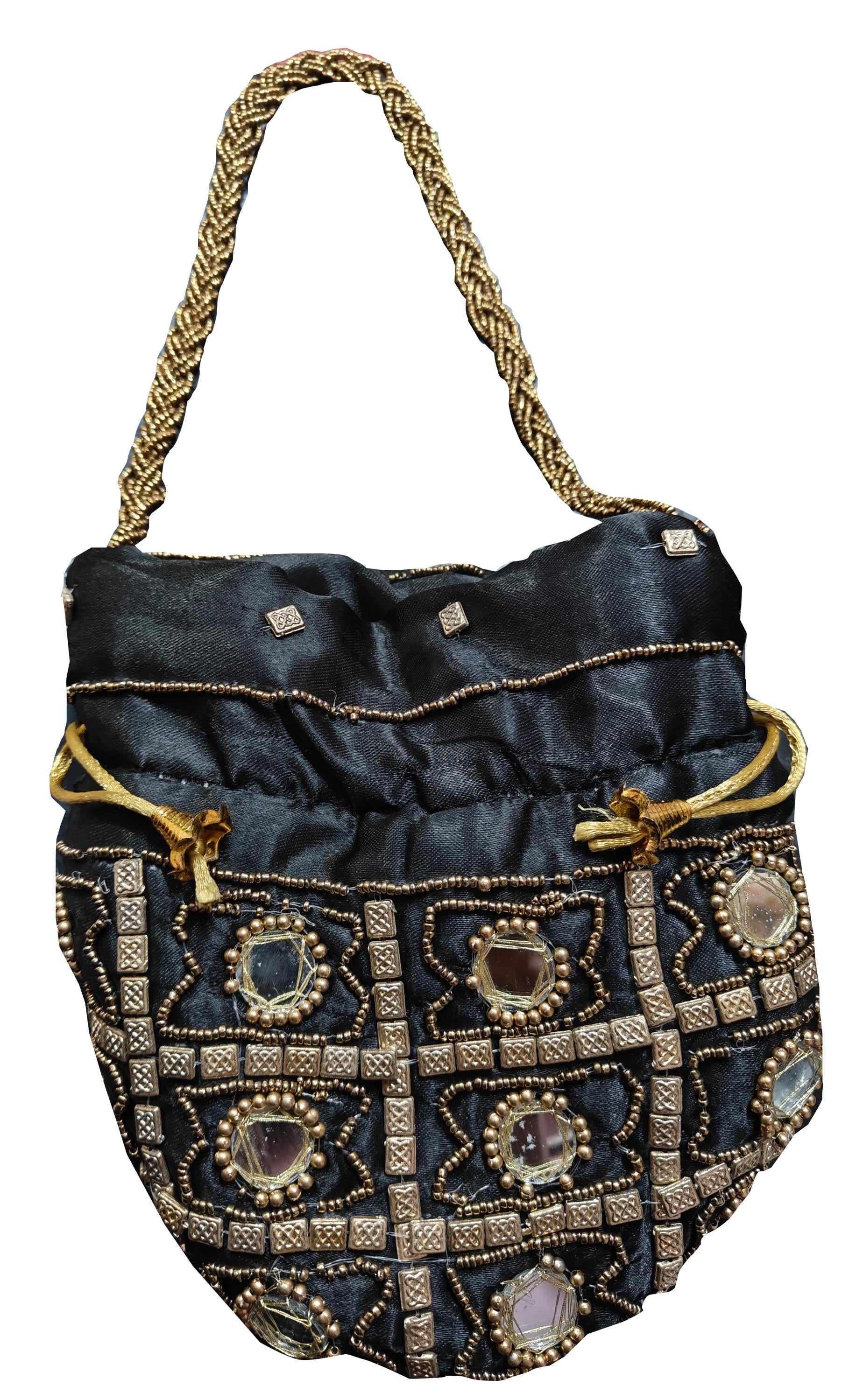 Indische ethnische Potli-Tasche mit Spiegelarbeit | Handtasche | Geldbörse für Partyhochzeiten und Geschenke | Spiegelpotli für Frauen | Schmuckgeldbörse für Schwarze