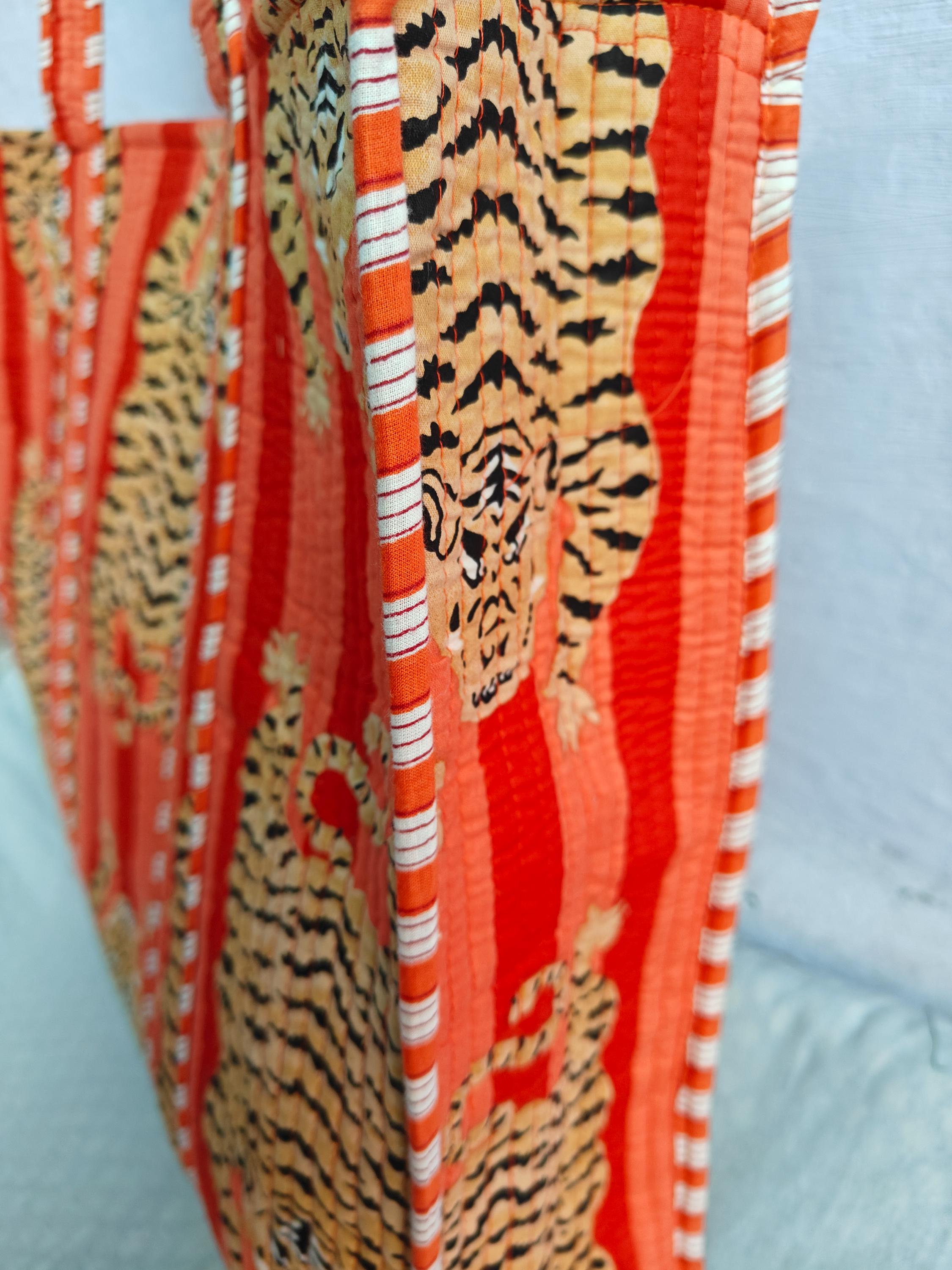 Indian Handmade Tiger Printed Cotton Quilted Handbag – Women’s Tote Purse & Shoulder Bag