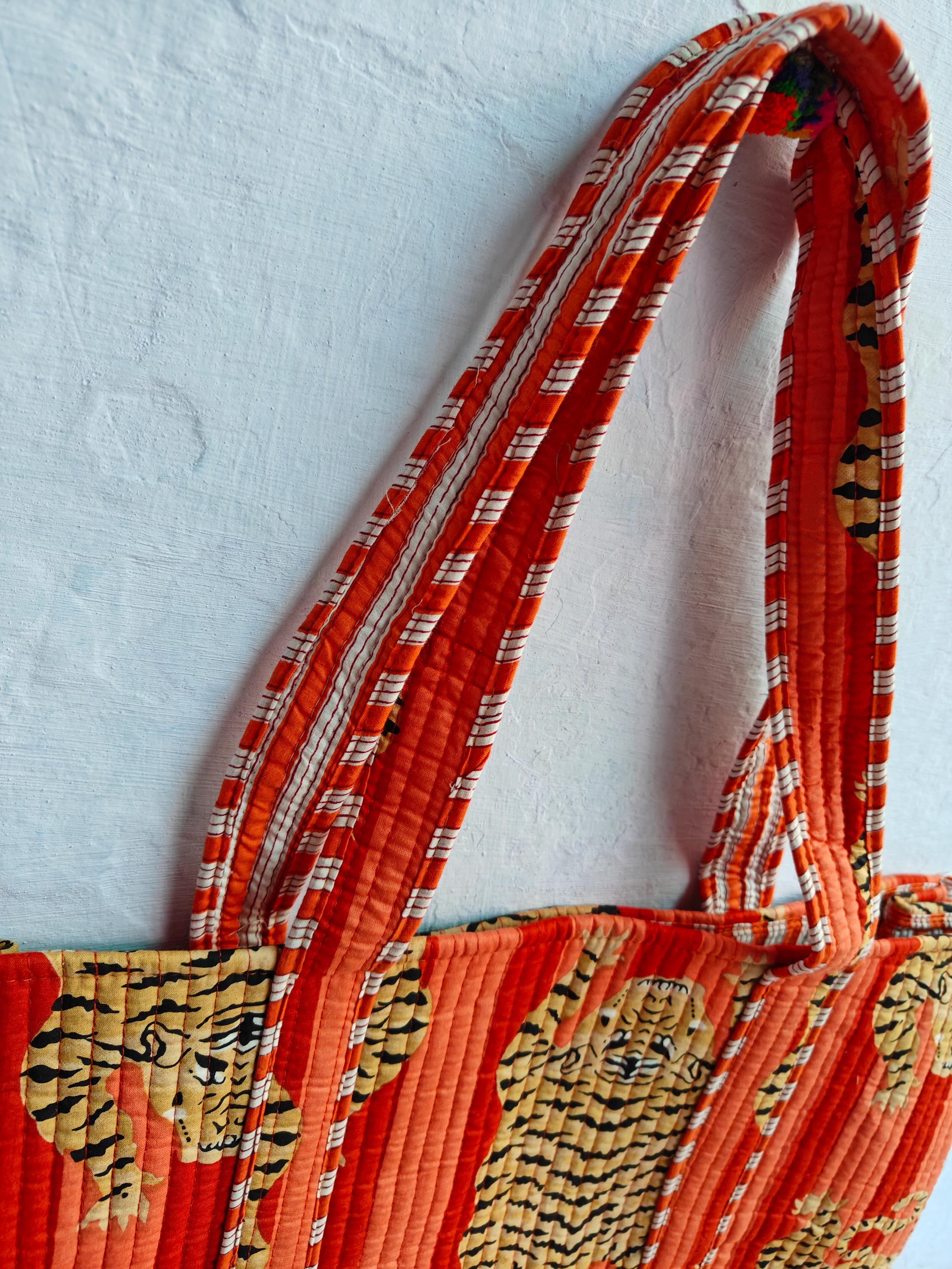 Indian Handmade Tiger Printed Cotton Quilted Handbag – Women’s Tote Purse & Shoulder Bag