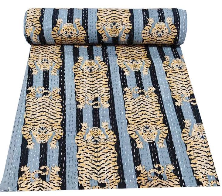 Indian Cotton Kantha Quilt Bedding – Handmade Vintage Queen Size Bedspread & Throw with Tiger Print