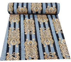 Indian Cotton Kantha Quilt Bedding – Handmade Vintage Queen Size Bedspread & Throw with Tiger Print
