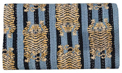 Indian Cotton Kantha Quilt Bedding – Handmade Vintage Queen Size Bedspread & Throw with Tiger Print