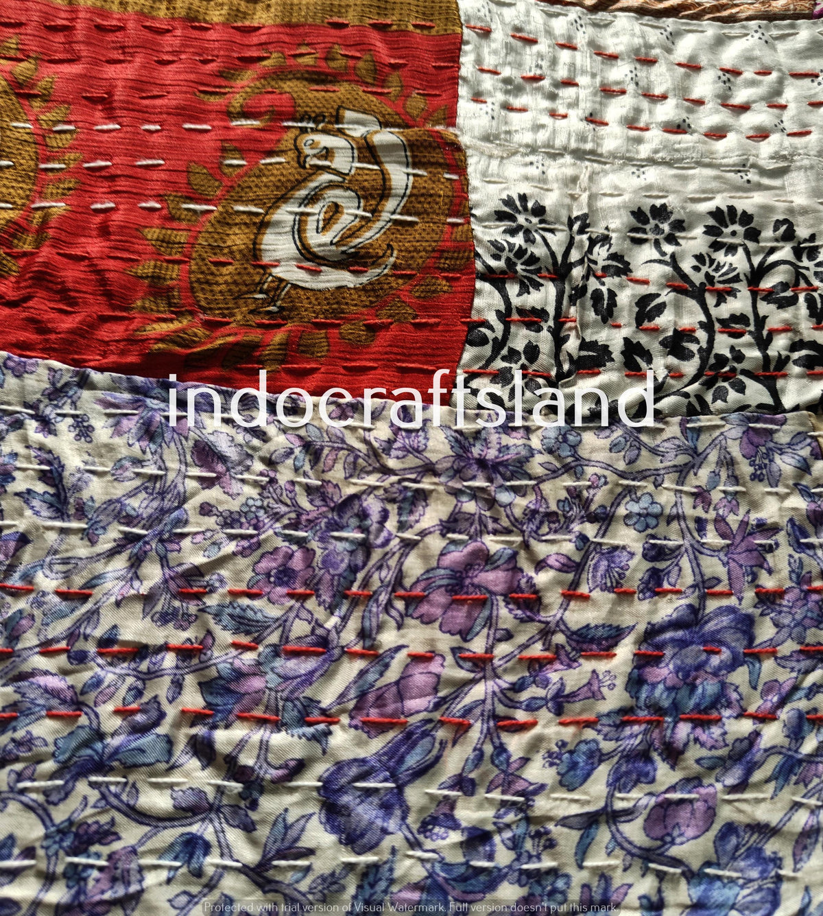 Handmade Multi Silk Patola Patchwork Kantha Quilt – Double Size Bedspread & Throw Blanket with Silk Patches