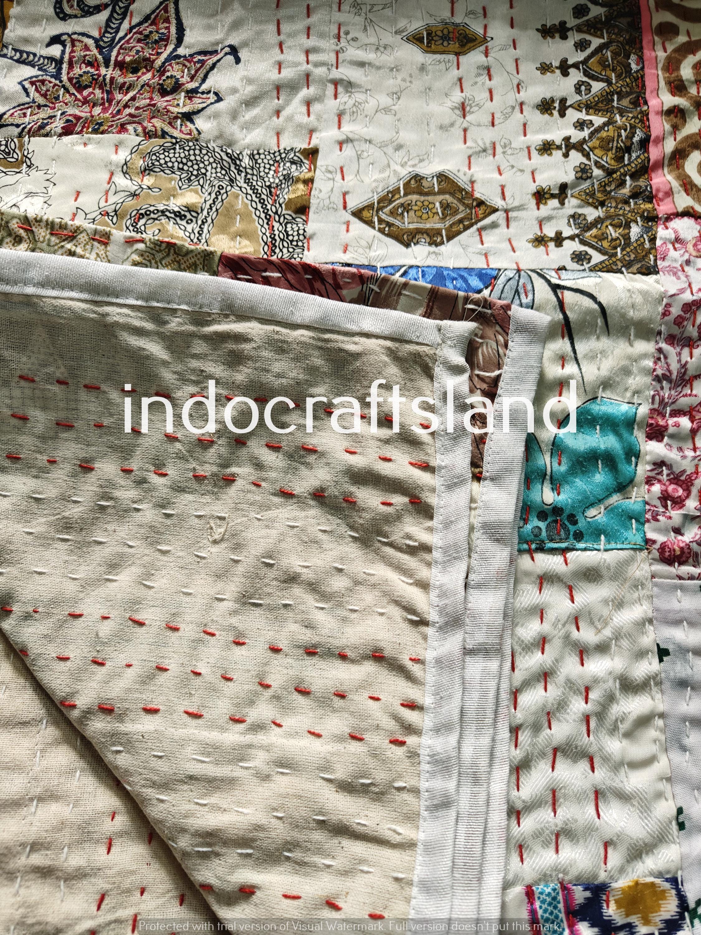 Handmade Multi Silk Patola Patchwork Kantha Quilt – Double Size Bedspread & Throw Blanket with Silk Patches
