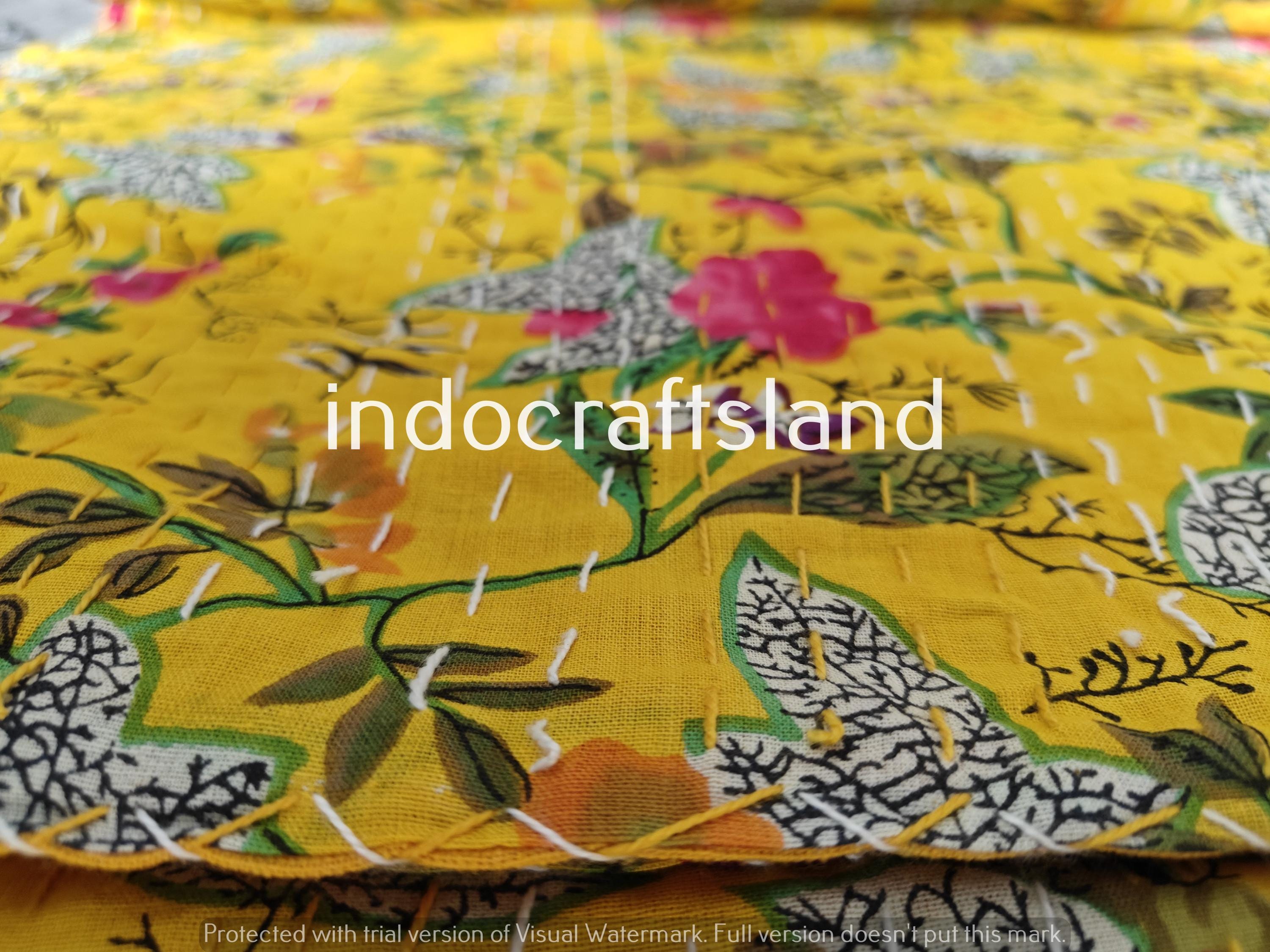 Handmade Yellow Paradise Print Indian Kantha Quilt – King & Queen Size Cotton Bedspread