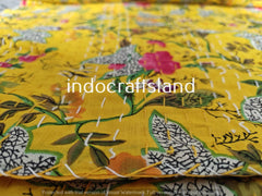 Handmade Yellow Paradise Print Indian Kantha Quilt – King & Queen Size Cotton Bedspread