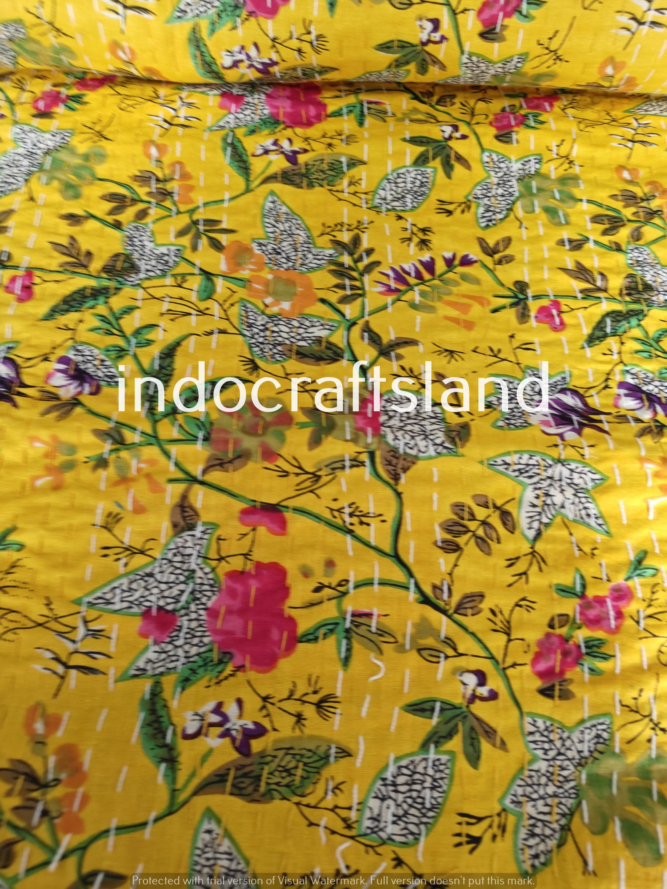 Handmade Yellow Paradise Print Indian Kantha Quilt – King & Queen Size Cotton Bedspread