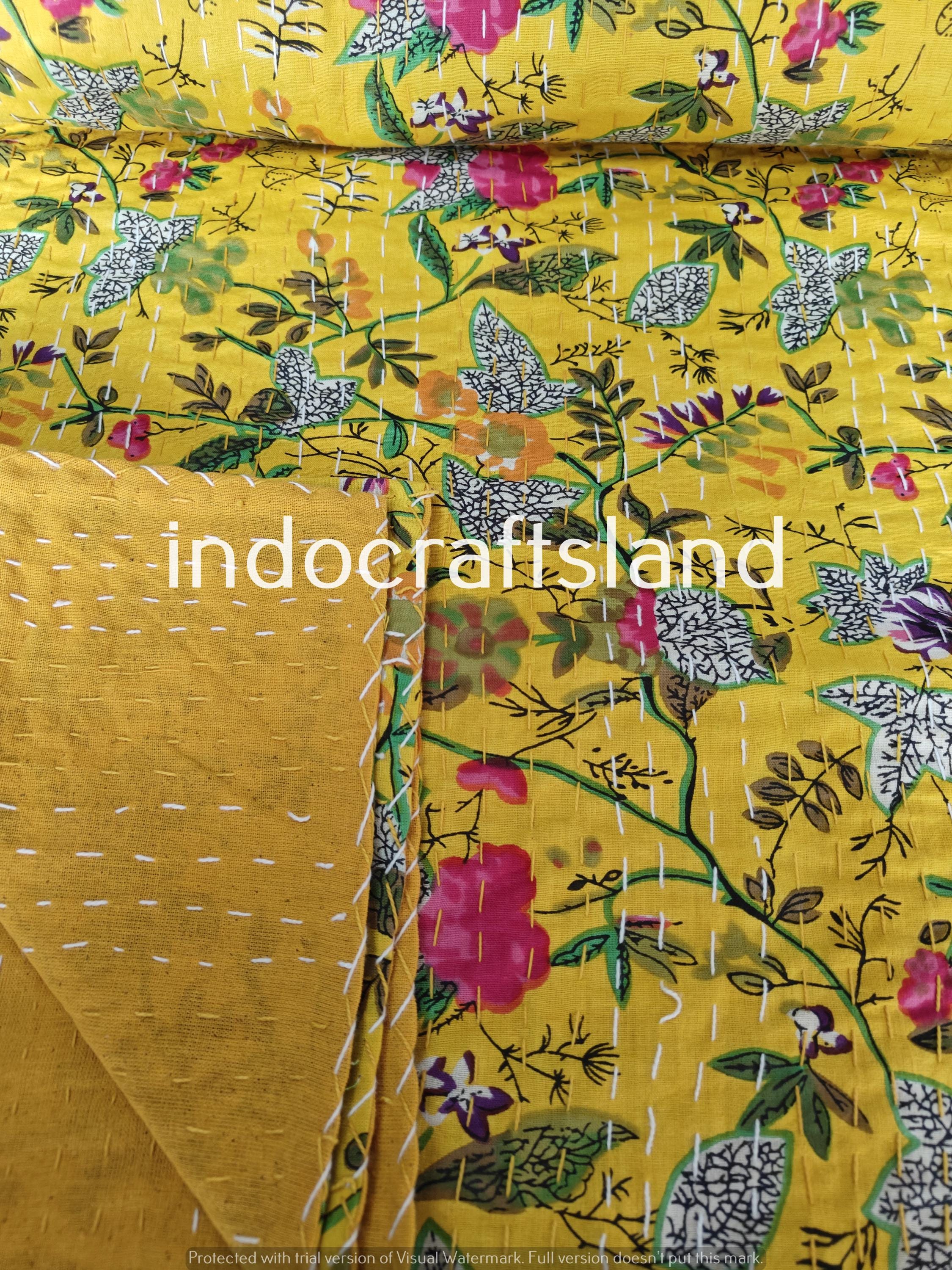 Handmade Yellow Paradise Print Indian Kantha Quilt – King & Queen Size Cotton Bedspread