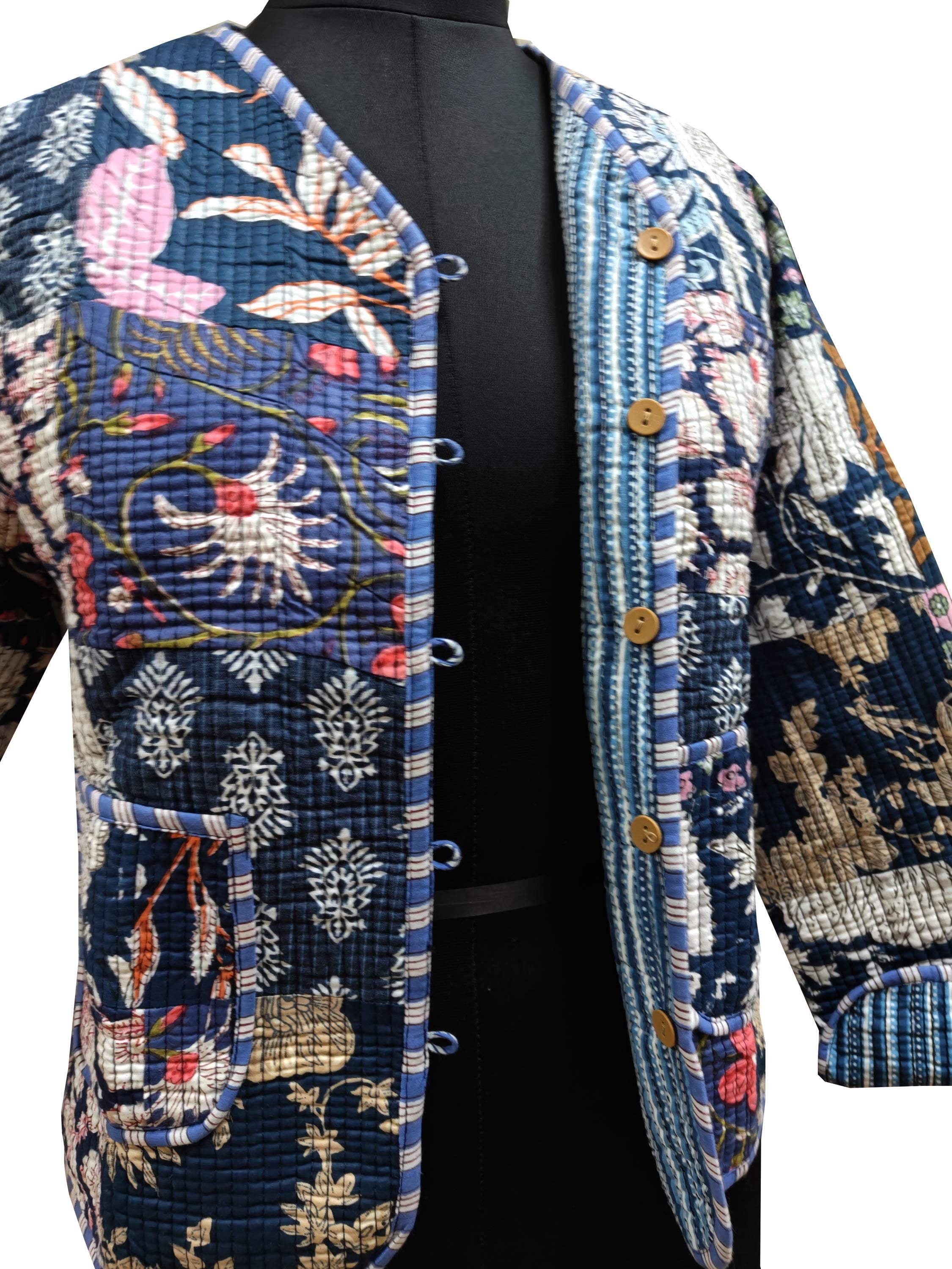 Cotton Handmade Kantha Jacket – Quilted Reversible Blue Patchwork Print Coat & Kimono for Women