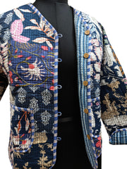 Cotton Handmade Kantha Jacket – Quilted Reversible Blue Patchwork Print Coat & Kimono for Women