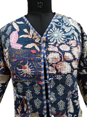 Cotton Handmade Kantha Jacket – Quilted Reversible Blue Patchwork Print Coat & Kimono for Women