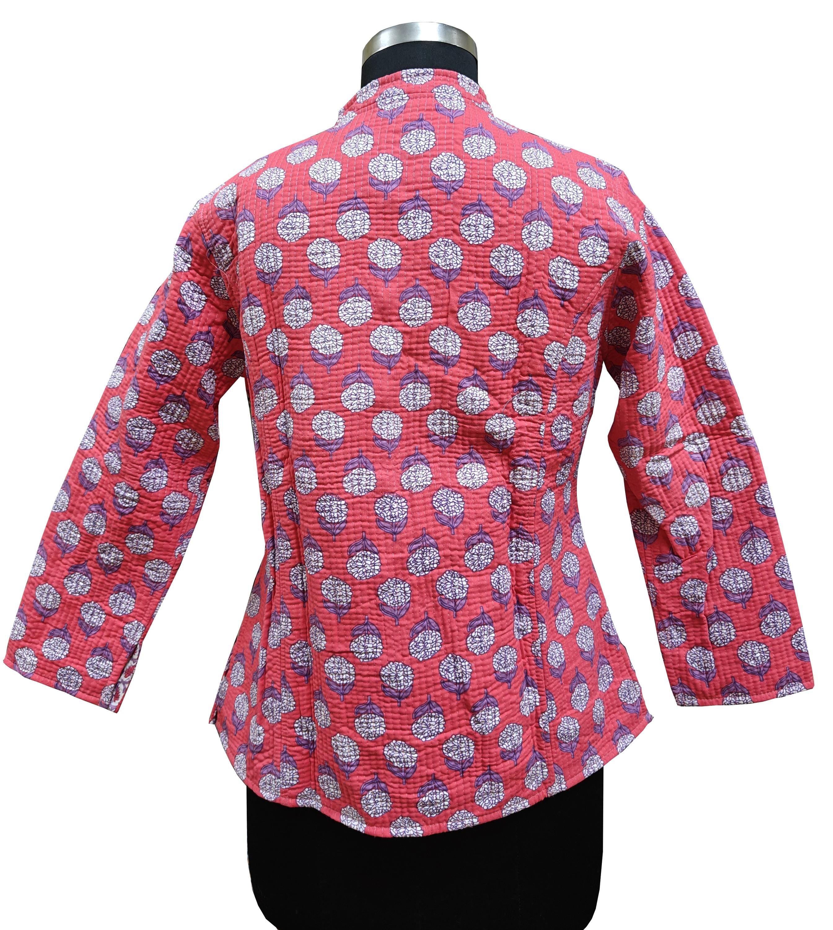 Quilted Reversible Hand Block Printed Boho Floral Jacket – Indian Vintage Handmade Full Sleeve Coat, Pink