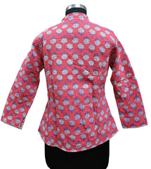 Quilted Reversible Hand Block Printed Boho Floral Jacket – Indian Vintage Handmade Full Sleeve Coat, Pink
