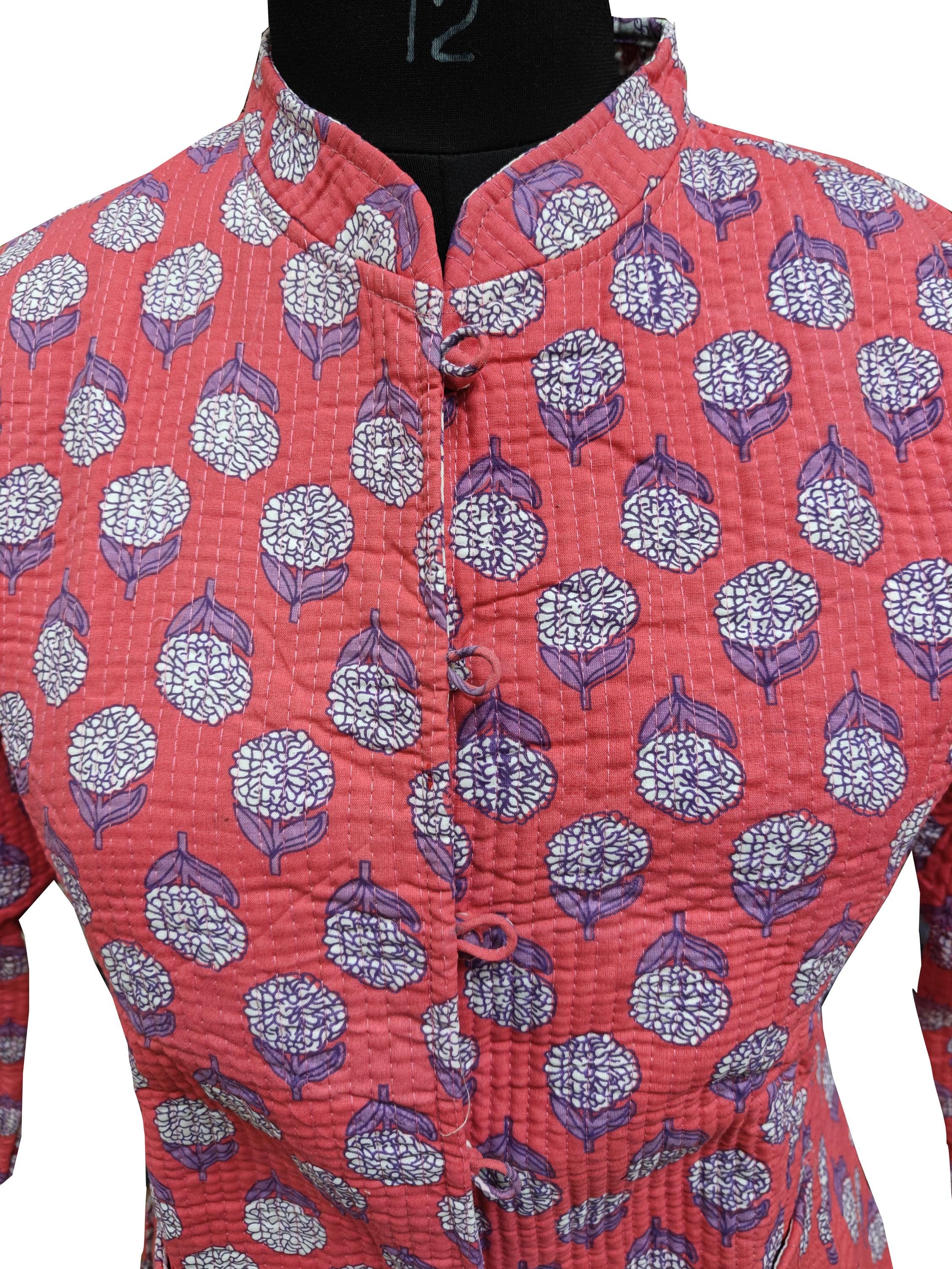 Quilted Reversible Hand Block Printed Boho Floral Jacket – Indian Vintage Handmade Full Sleeve Coat, Pink