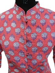 Quilted Reversible Hand Block Printed Boho Floral Jacket – Indian Vintage Handmade Full Sleeve Coat, Pink