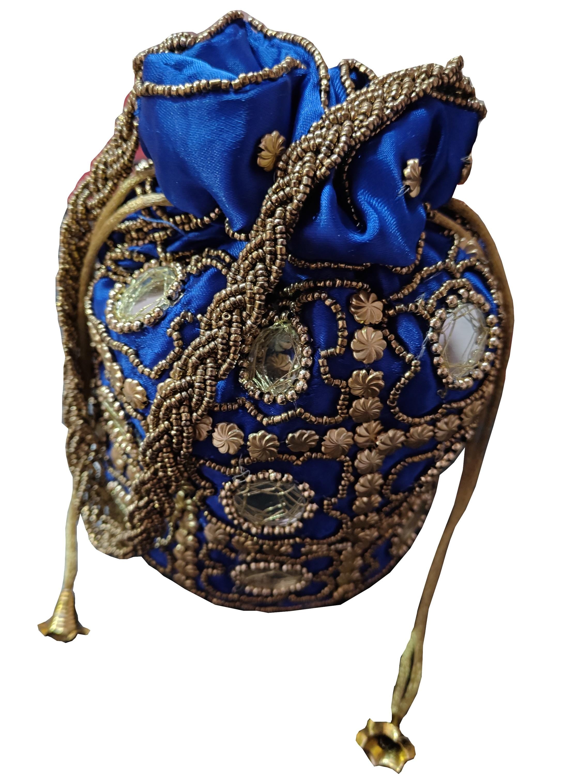 Indische Ethno-Potli-Tasche mit Spiegelarbeit | Handtasche | Geldbörse für Partys, Hochzeiten und Geschenke | Spiegel-Potli für Damen | Schmuckgeldbörse für Damen, Blau