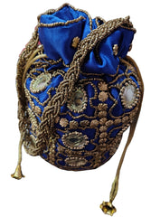 Indische Ethno-Potli-Tasche mit Spiegelarbeit | Handtasche | Geldbörse für Partys, Hochzeiten und Geschenke | Spiegel-Potli für Damen | Schmuckgeldbörse für Damen, Blau