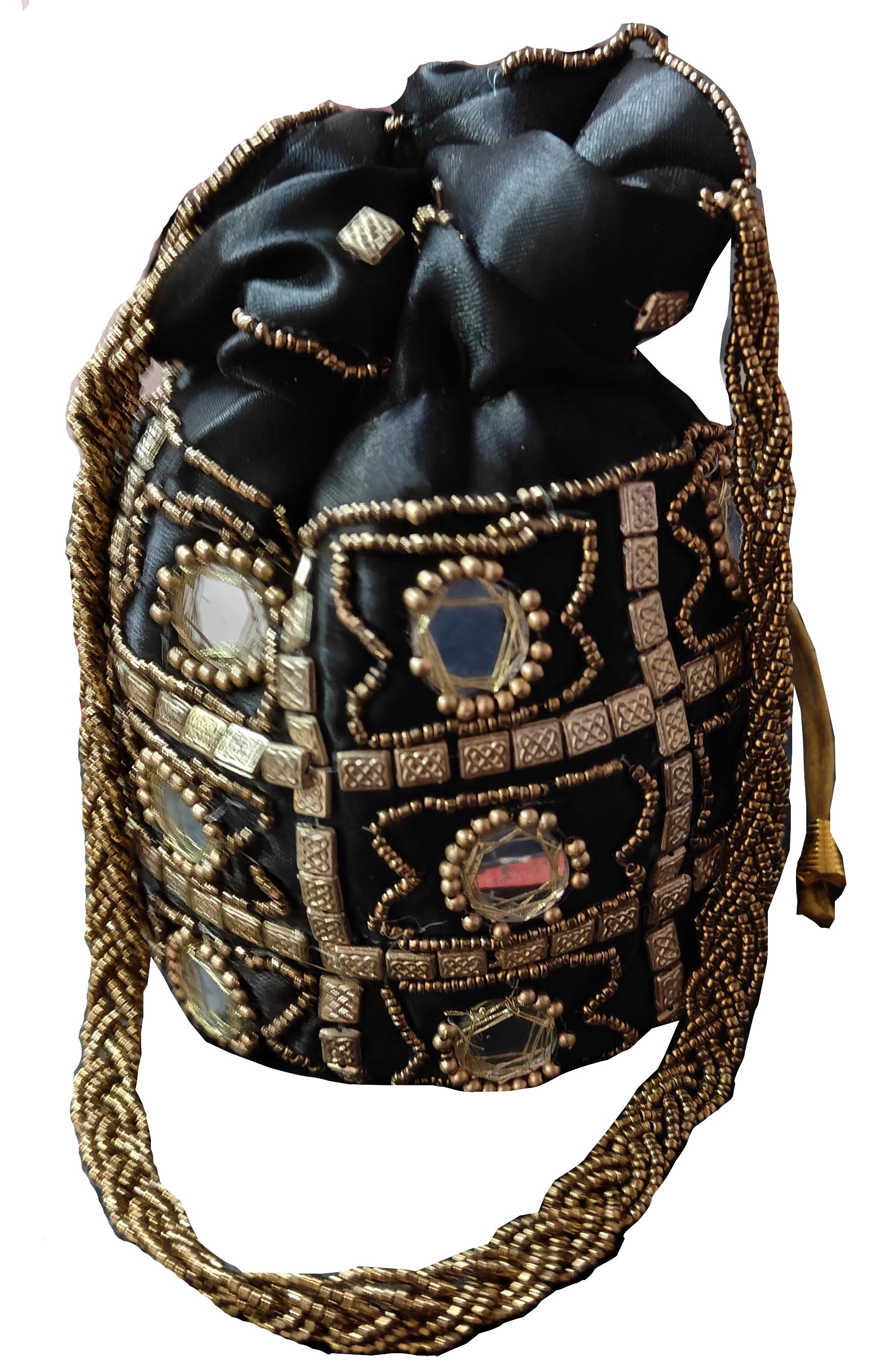 Indische ethnische Potli-Tasche mit Spiegelarbeit | Handtasche | Geldbörse für Partyhochzeiten und Geschenke | Spiegelpotli für Frauen | Schmuckgeldbörse für Schwarze