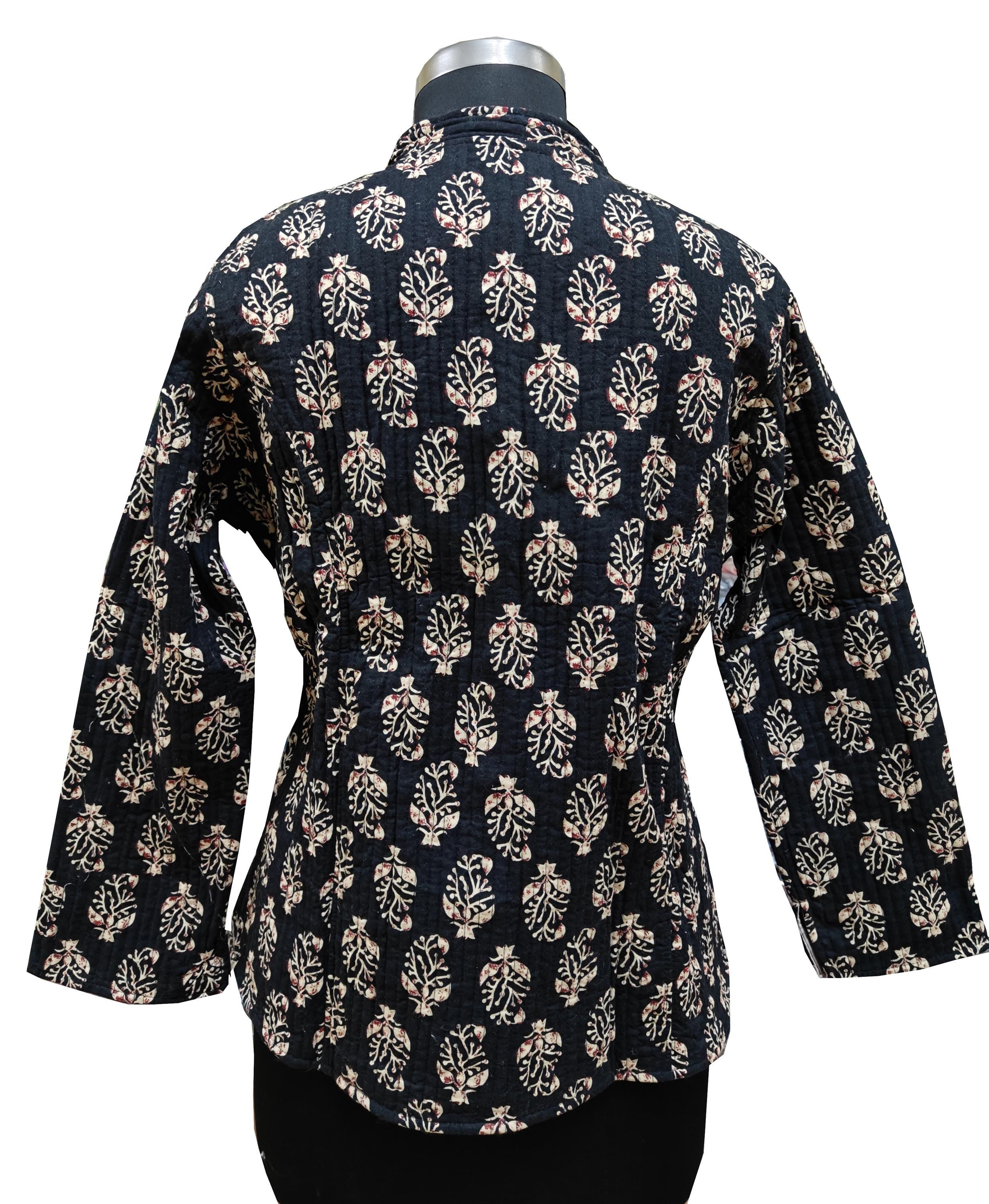Quilted Reversible Hand Block Printed Boho Jacket – Indian Vintage Handmade Full Sleeve Coat, Black Floral