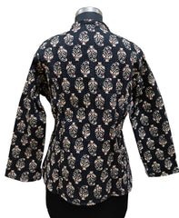 Quilted Reversible Hand Block Printed Boho Jacket – Indian Vintage Handmade Full Sleeve Coat, Black Floral