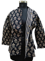 Quilted Reversible Hand Block Printed Boho Jacket – Indian Vintage Handmade Full Sleeve Coat, Black Floral