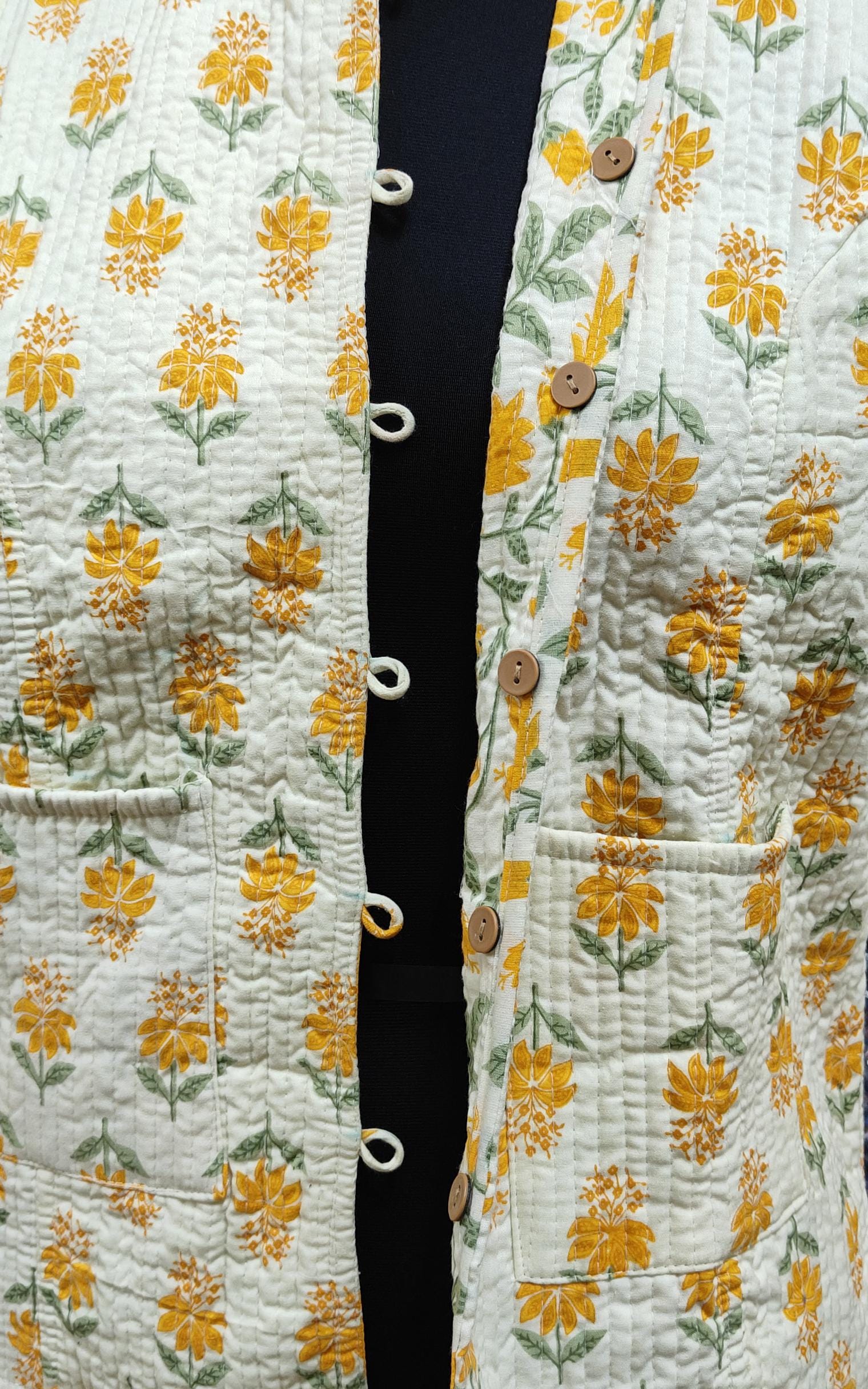 Quilted Reversible Hand Block Printed Boho Jacket – Indian Vintage Handmade White Full Sleeve Coat for Women