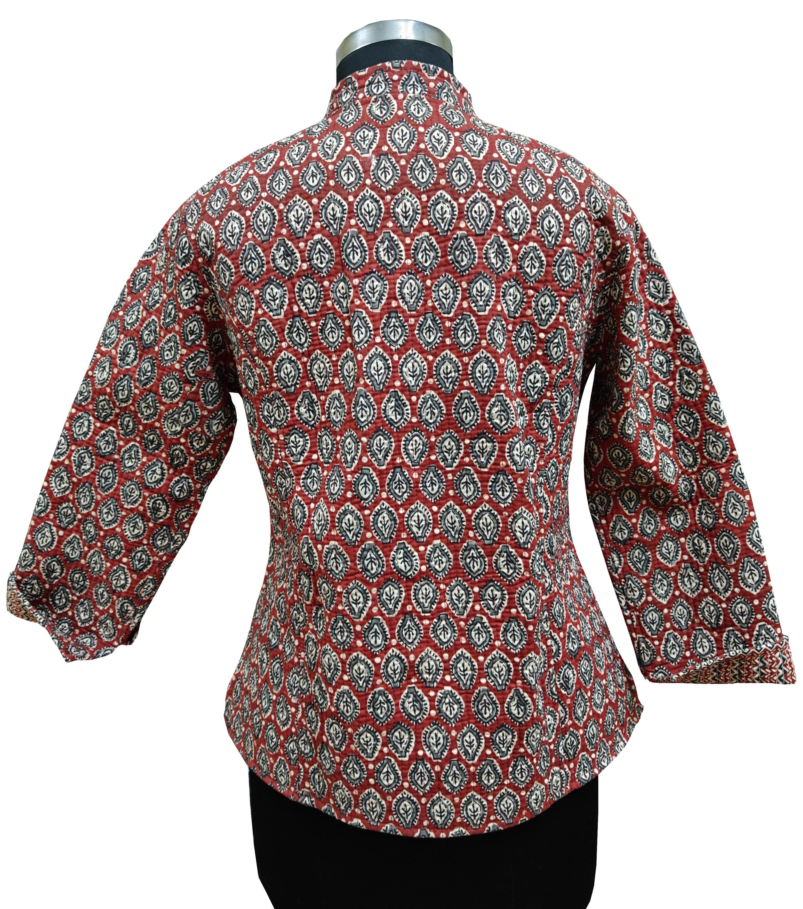 Quilted Reversible Hand Block Printed Boho Jacket – Indian Vintage Handmade Full Sleeve Coat with Floral Arts