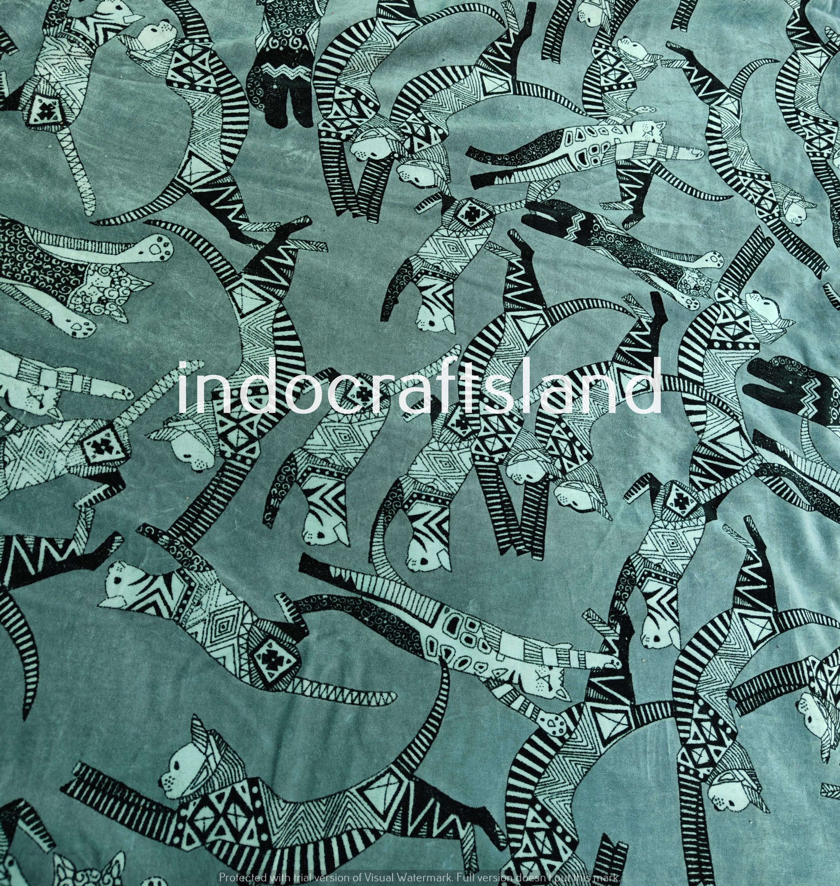 Gray Cat Print Velvet Fabric – Indian Cotton Velvet by Yard for Upholstery & Table Cloth
