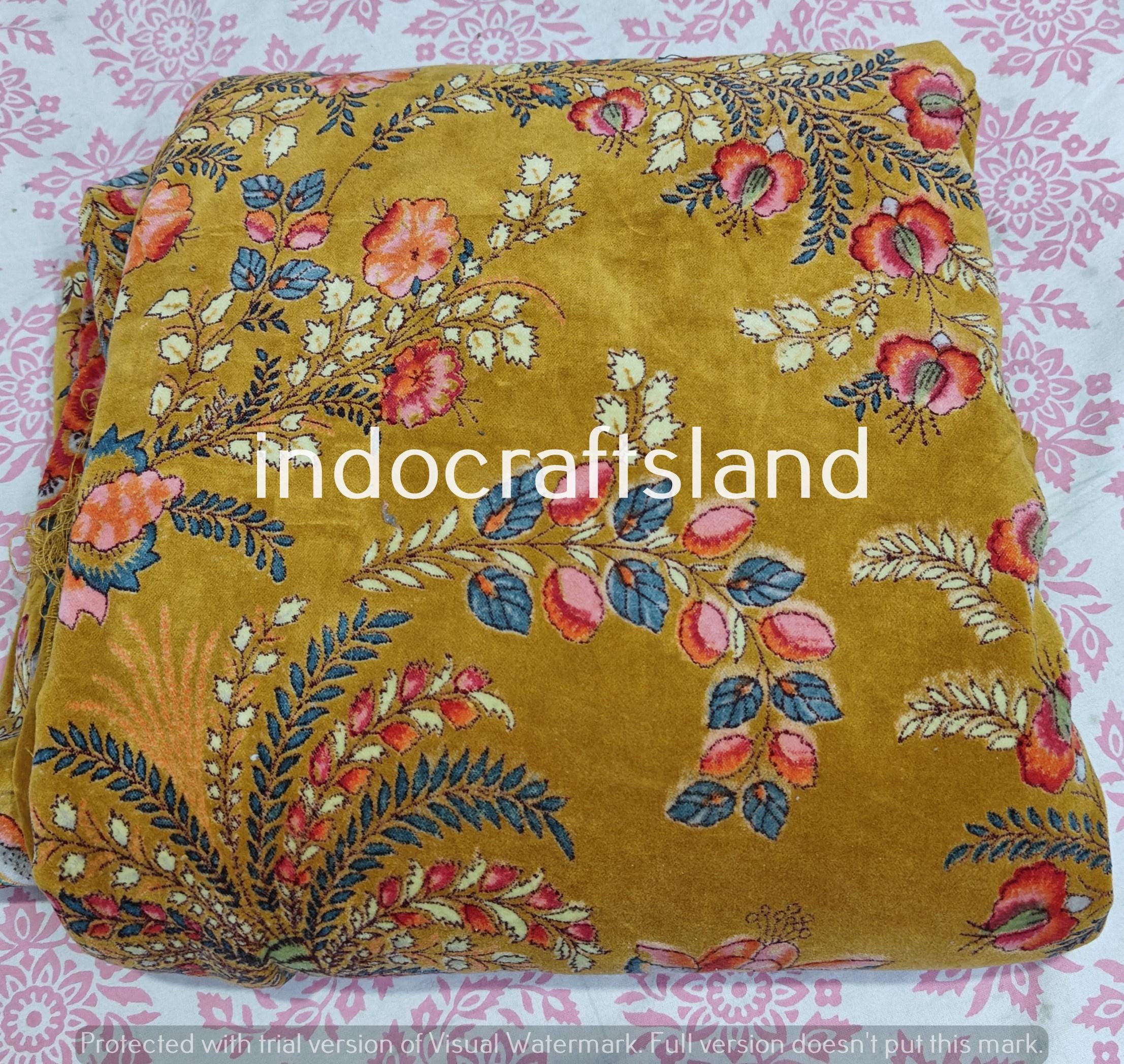 Indian Floral Print Velvet Fabric – Cotton Velvet by Yard & Meter for Upholstery & Table Cloth