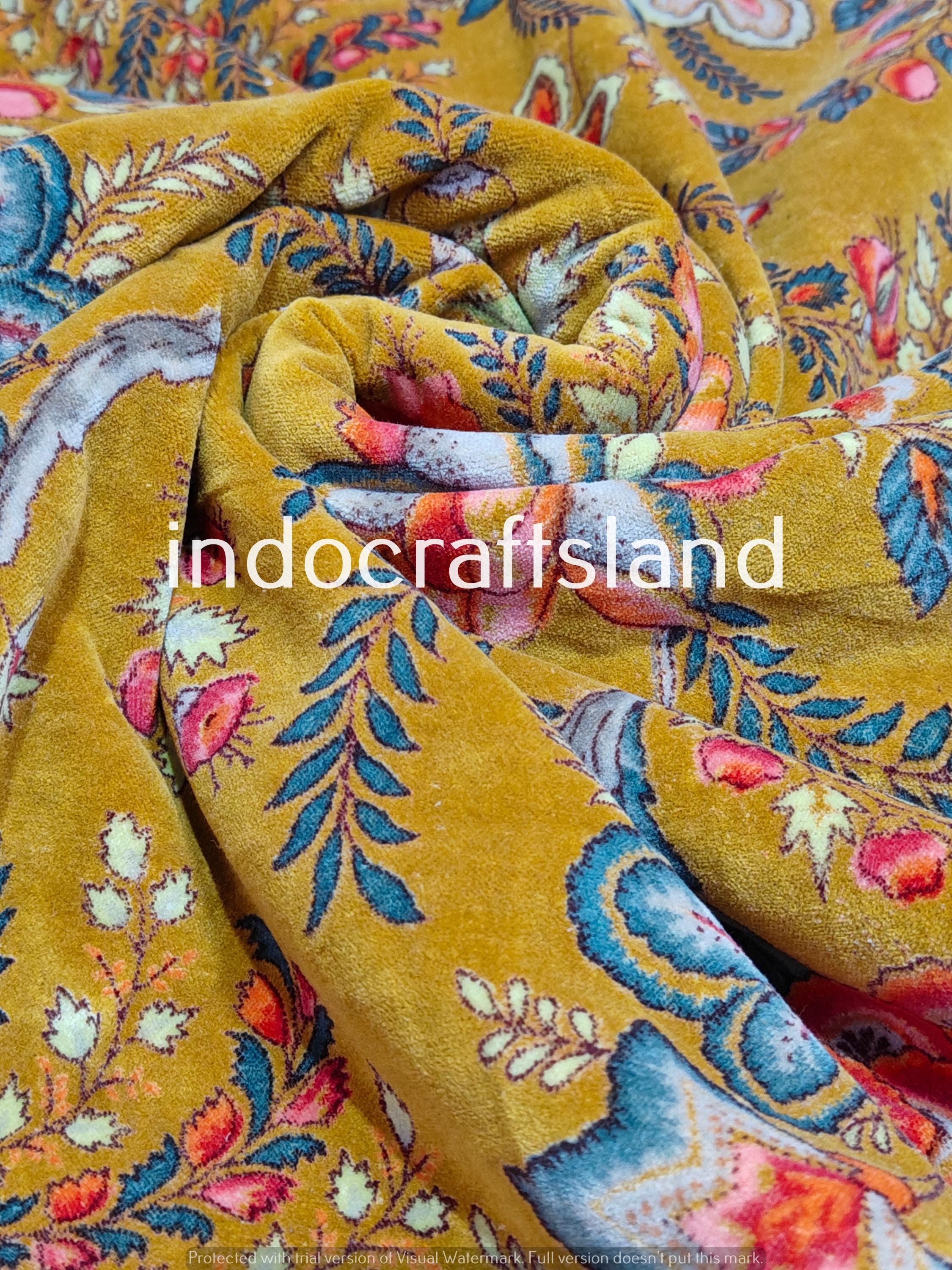 Indian Floral Print Velvet Fabric – Cotton Velvet by Yard & Meter for Upholstery & Table Cloth