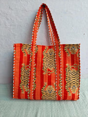 Indian Handmade Tiger Printed Cotton Quilted Handbag – Women’s Tote Purse & Shoulder Bag