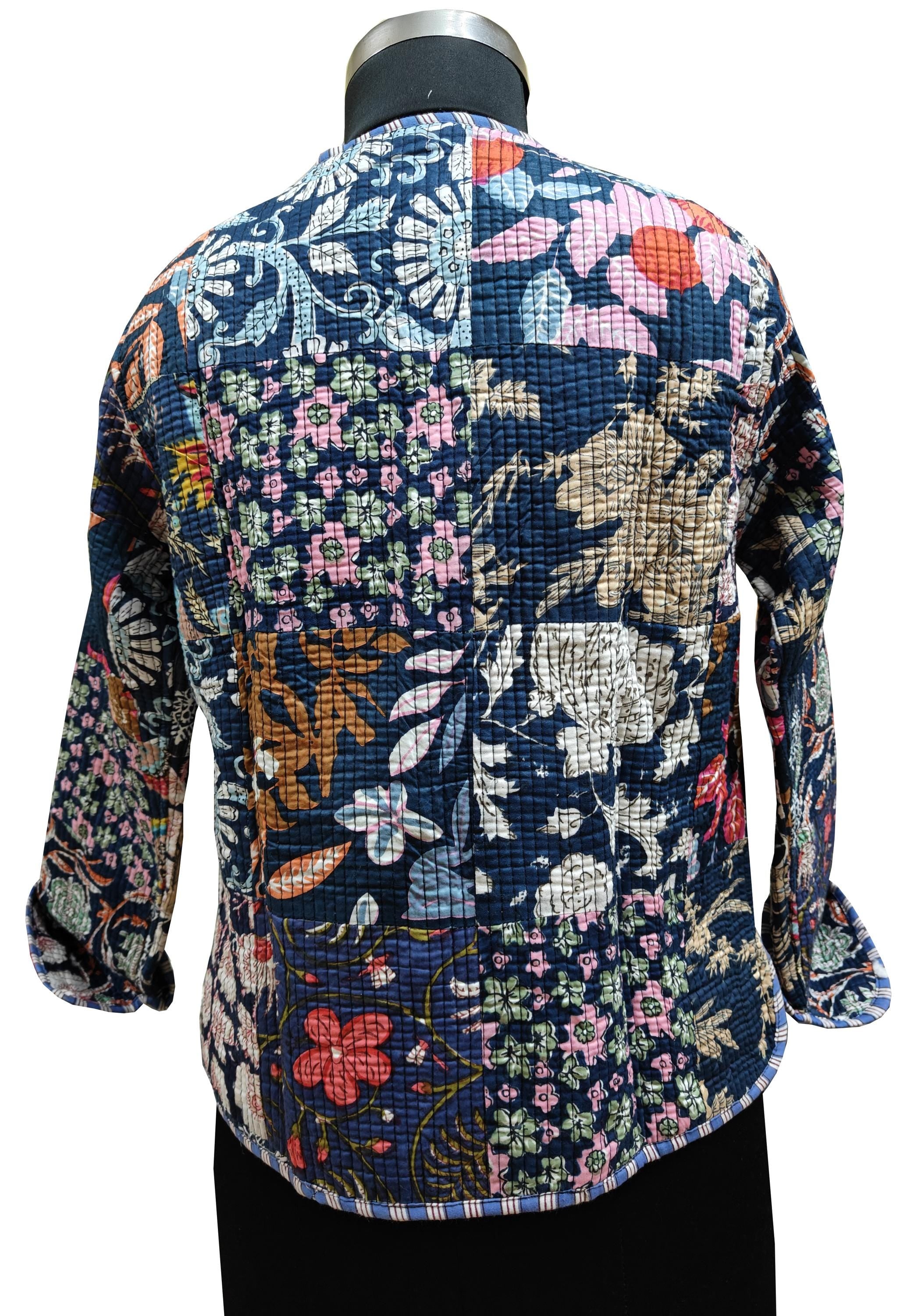 Cotton Handmade Kantha Jacket – Quilted Reversible Blue Patchwork Print Coat & Kimono for Women