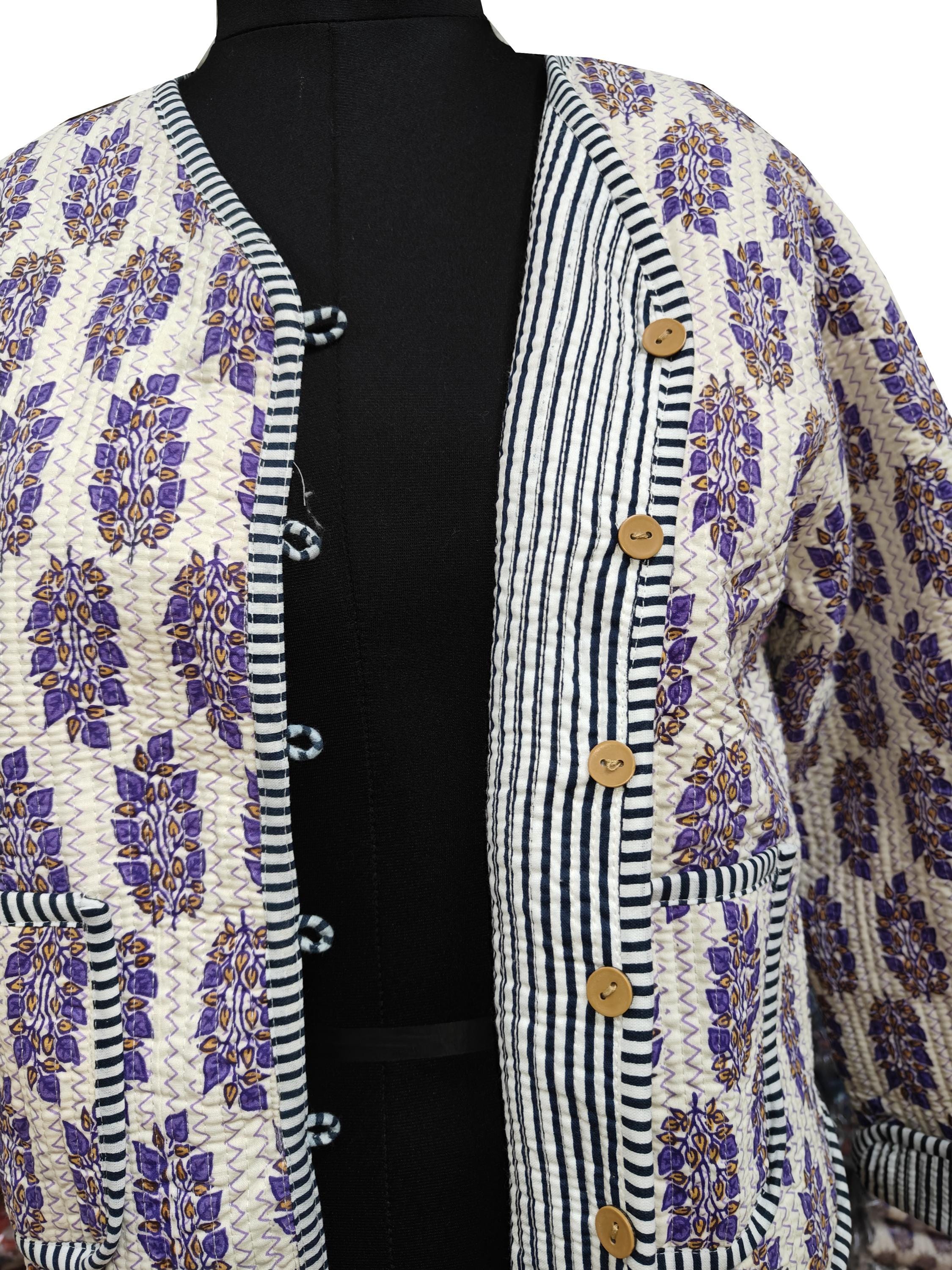 Hand Block Cotton Kantha Jacket – Handmade Quilted Reversible Floral Print Coat for Women