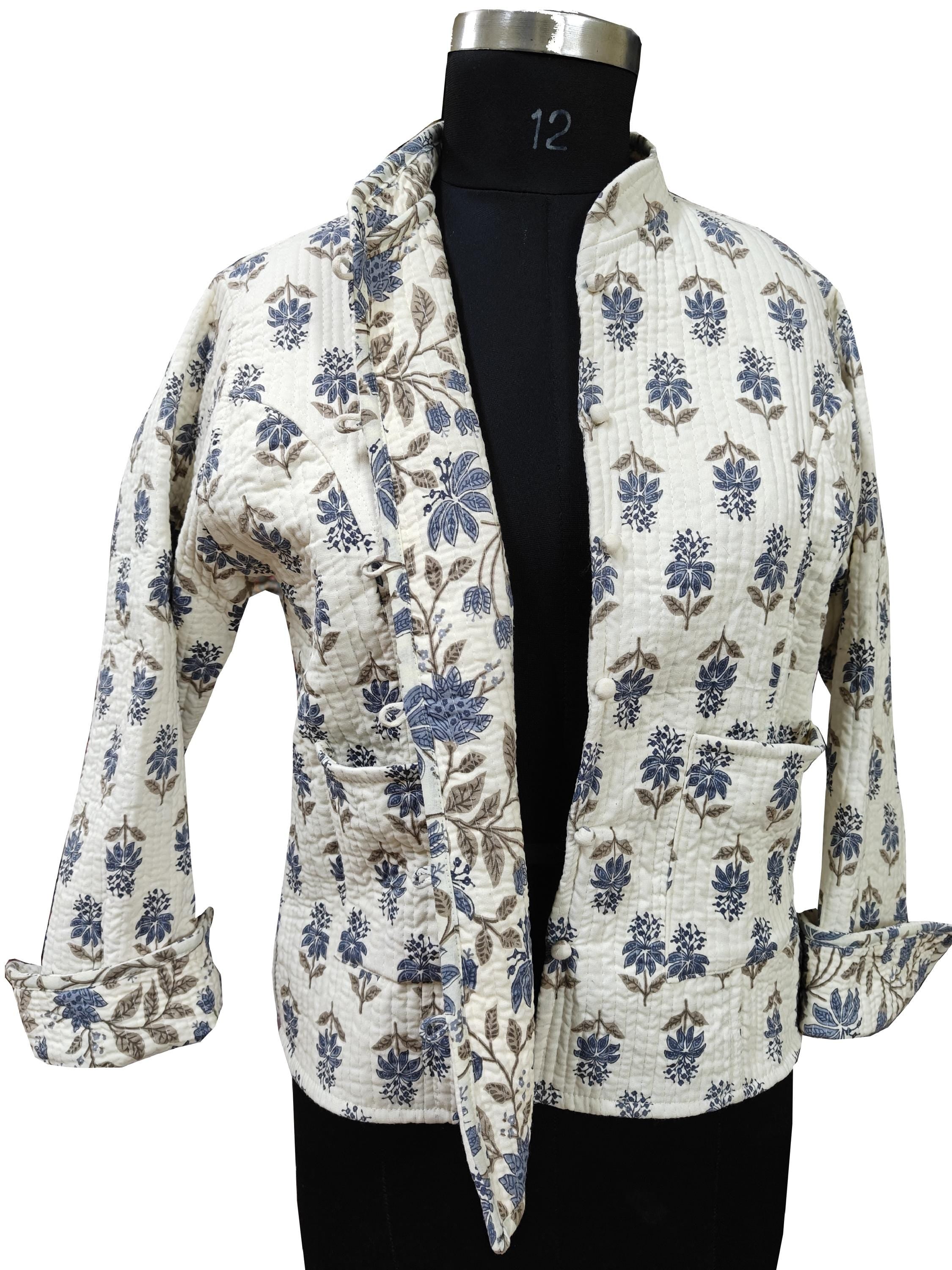 Quilted Reversible Hand Block Printed Boho Floral Jacket – Indian Vintage Handmade Full Sleeve Coat