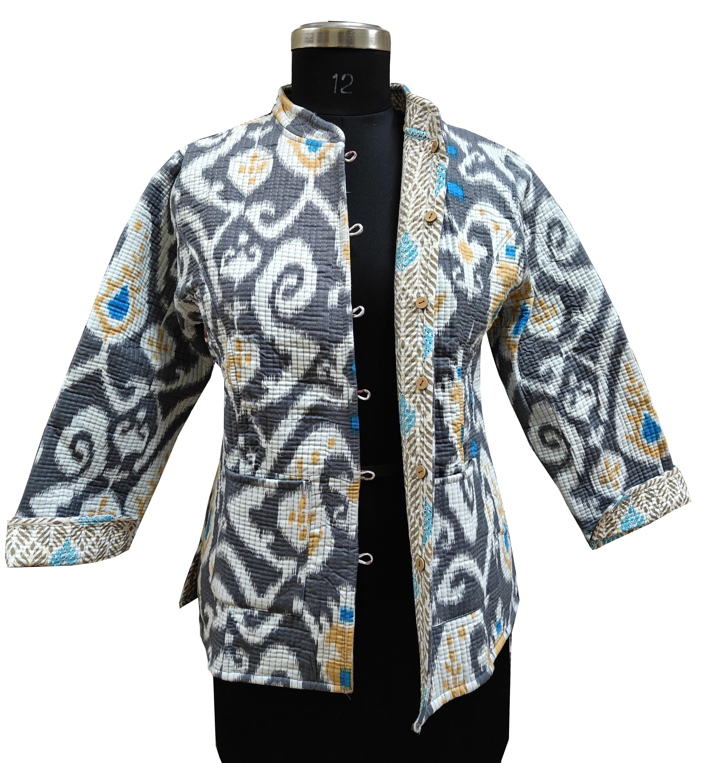 Quilted Reversible Hand Block Printed Boho Floral Jacket – Indian Vintage Handmade Full Sleeve Coat for Women
