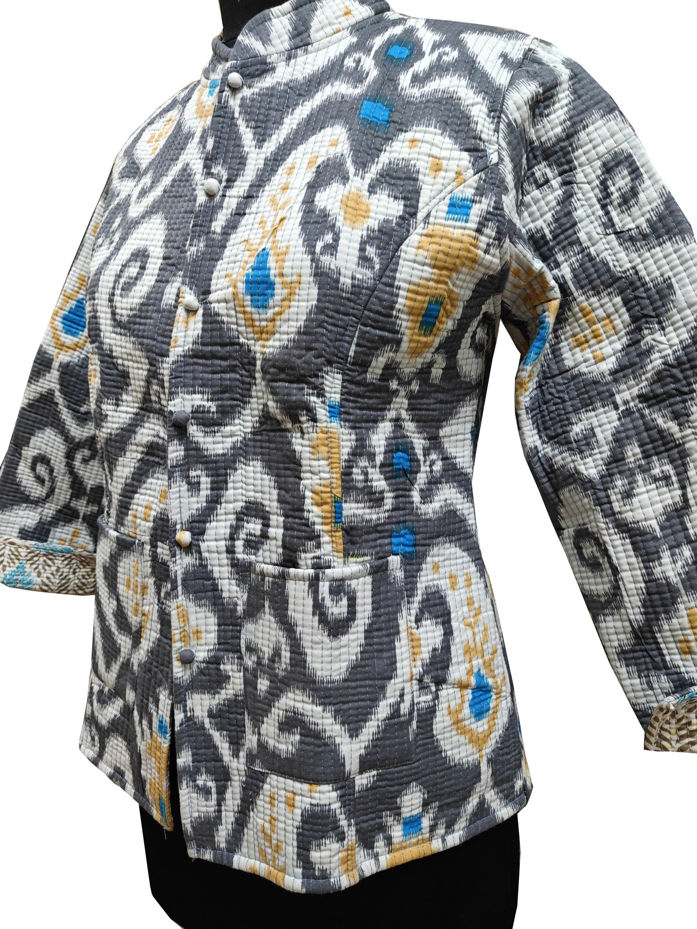 Quilted Reversible Hand Block Printed Boho Floral Jacket – Indian Vintage Handmade Full Sleeve Coat for Women