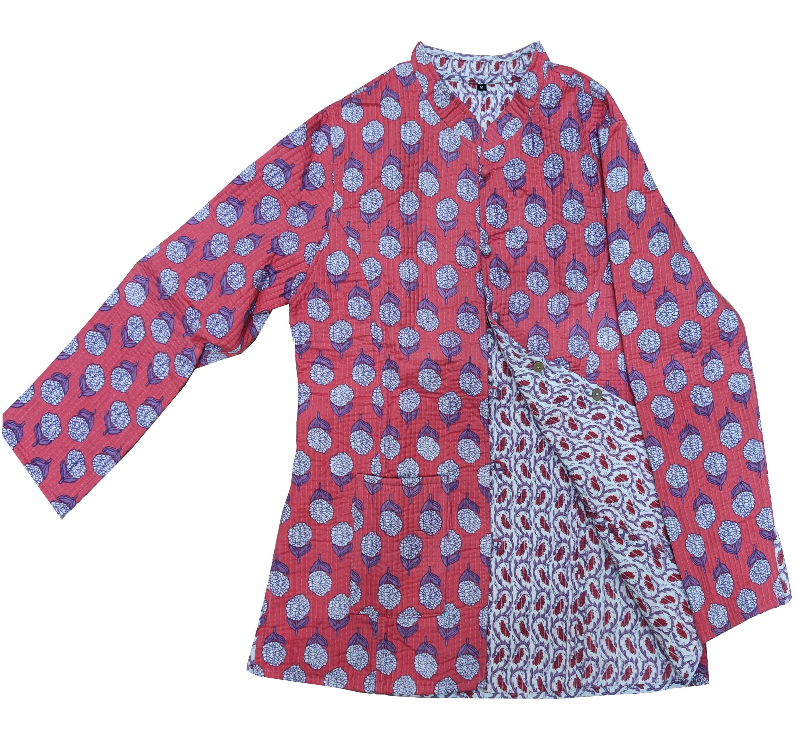 Quilted Reversible Hand Block Printed Boho Floral Jacket – Indian Vintage Handmade Full Sleeve Coat, Pink