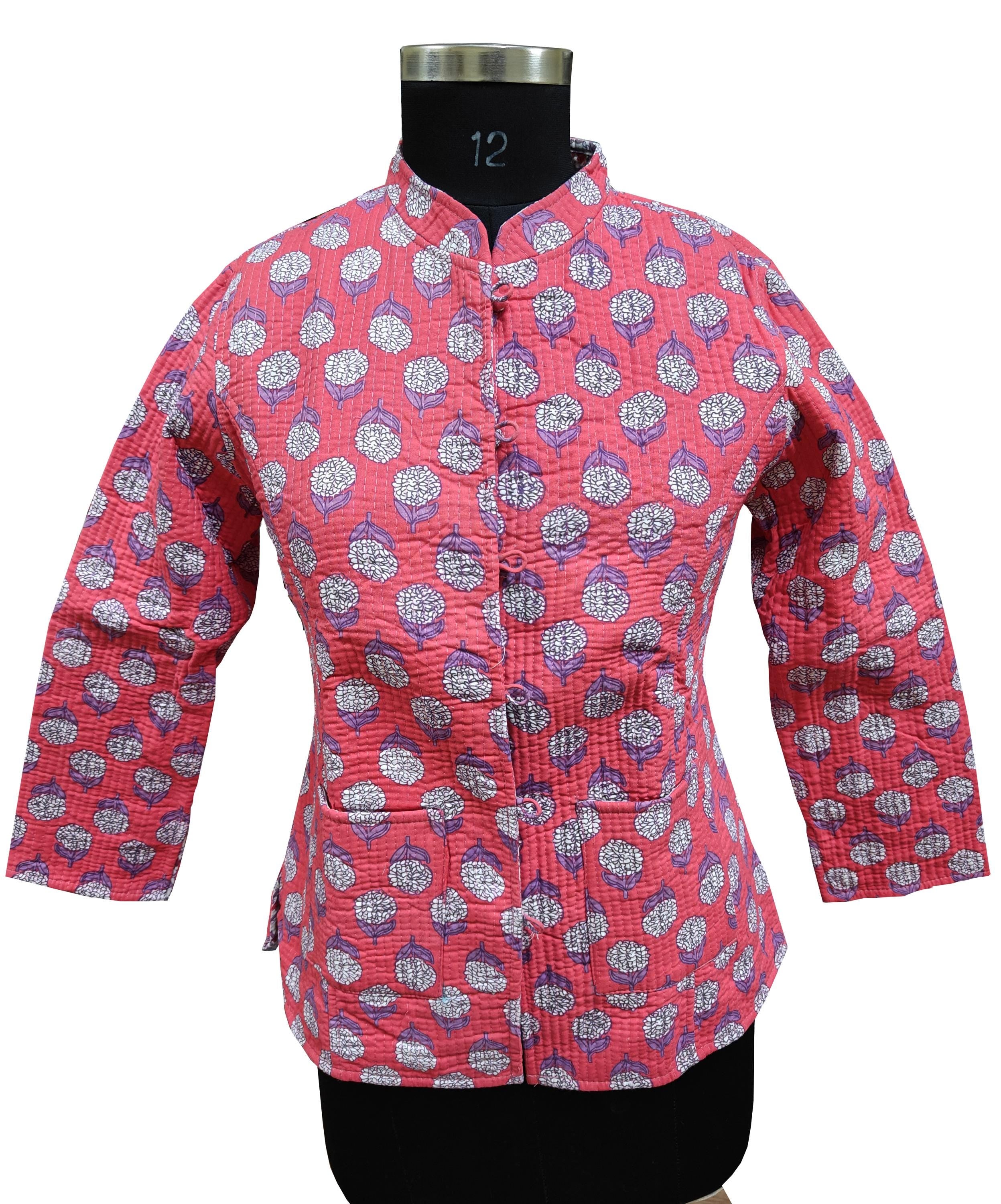 Quilted Reversible Hand Block Printed Boho Floral Jacket – Indian Vintage Handmade Full Sleeve Coat, Pink