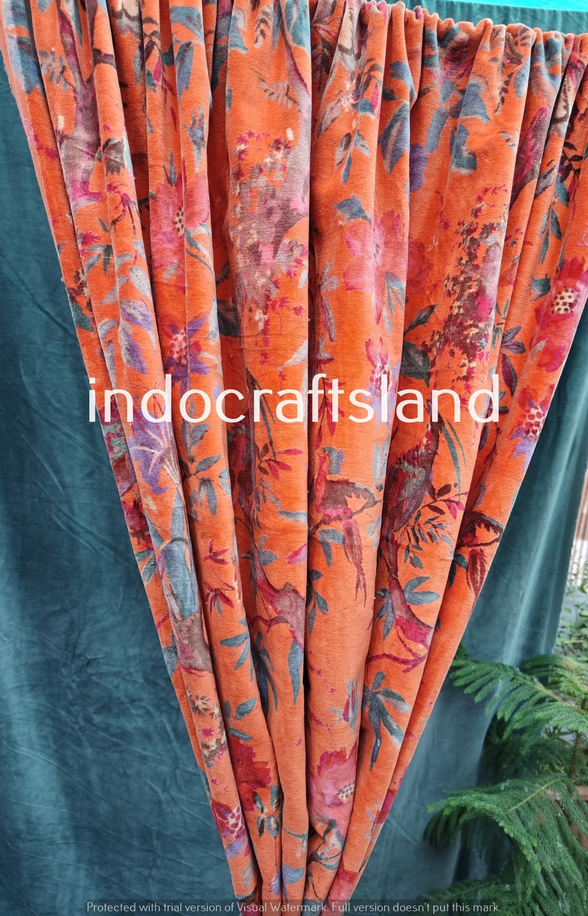 Luxuriöser Orange Maroon Samtvorhang für Schlafzimmer/Wohnzimmer Drape Blockprint Vorhänge für Wohndekor/Vogel bedruckte Vorhänge im indischen Design