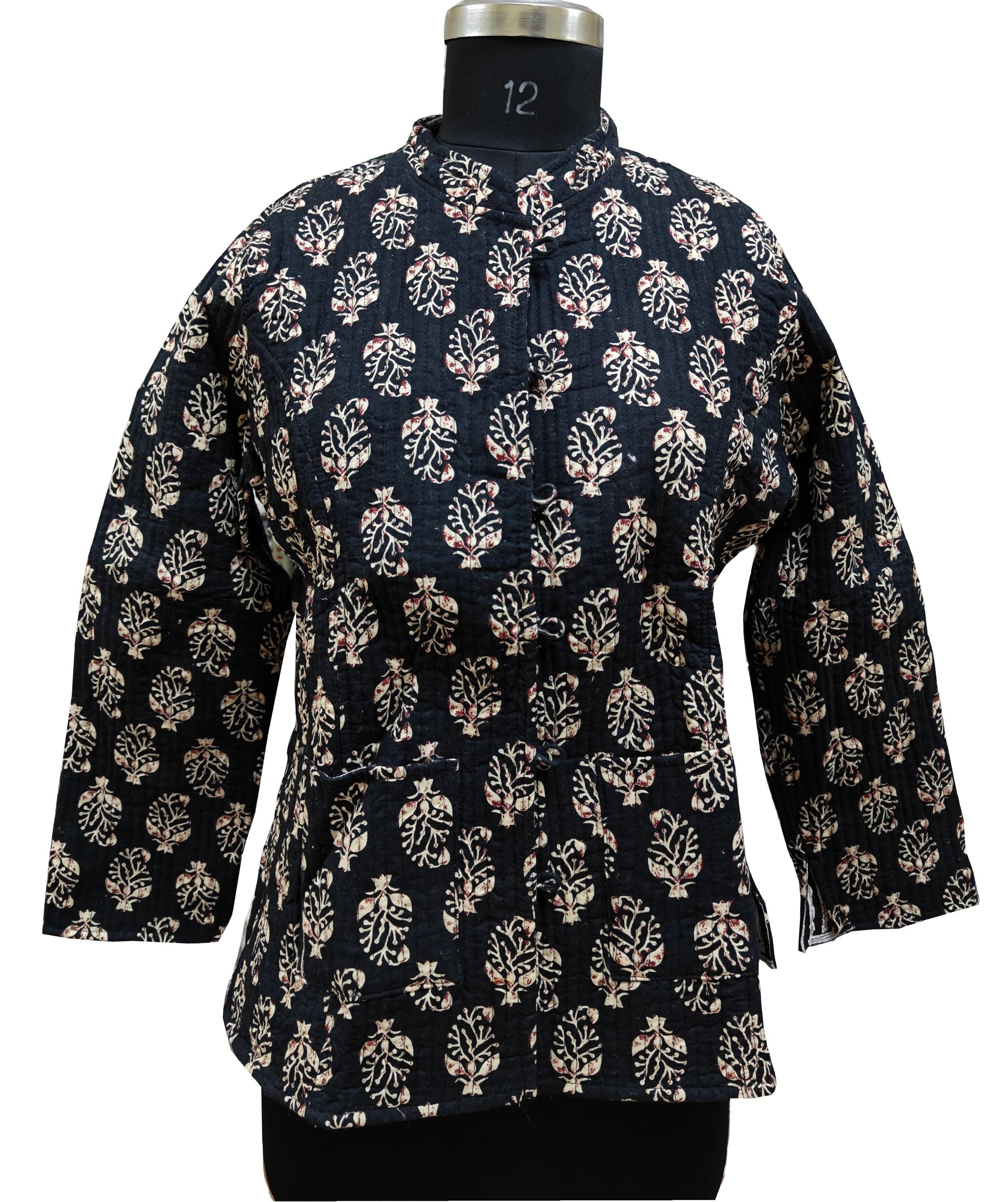Quilted Reversible Hand Block Printed Boho Jacket – Indian Vintage Handmade Full Sleeve Coat, Black Floral