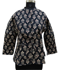 Quilted Reversible Hand Block Printed Boho Jacket – Indian Vintage Handmade Full Sleeve Coat, Black Floral