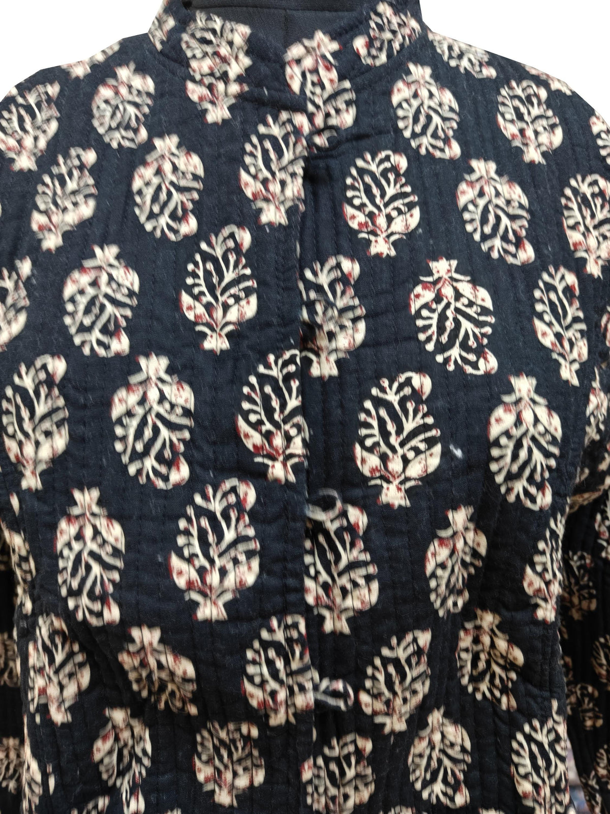 Quilted Reversible Hand Block Printed Boho Jacket – Indian Vintage Handmade Full Sleeve Coat, Black Floral