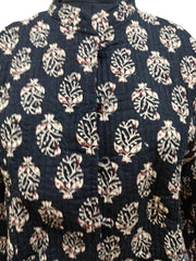 Quilted Reversible Hand Block Printed Boho Jacket – Indian Vintage Handmade Full Sleeve Coat, Black Floral