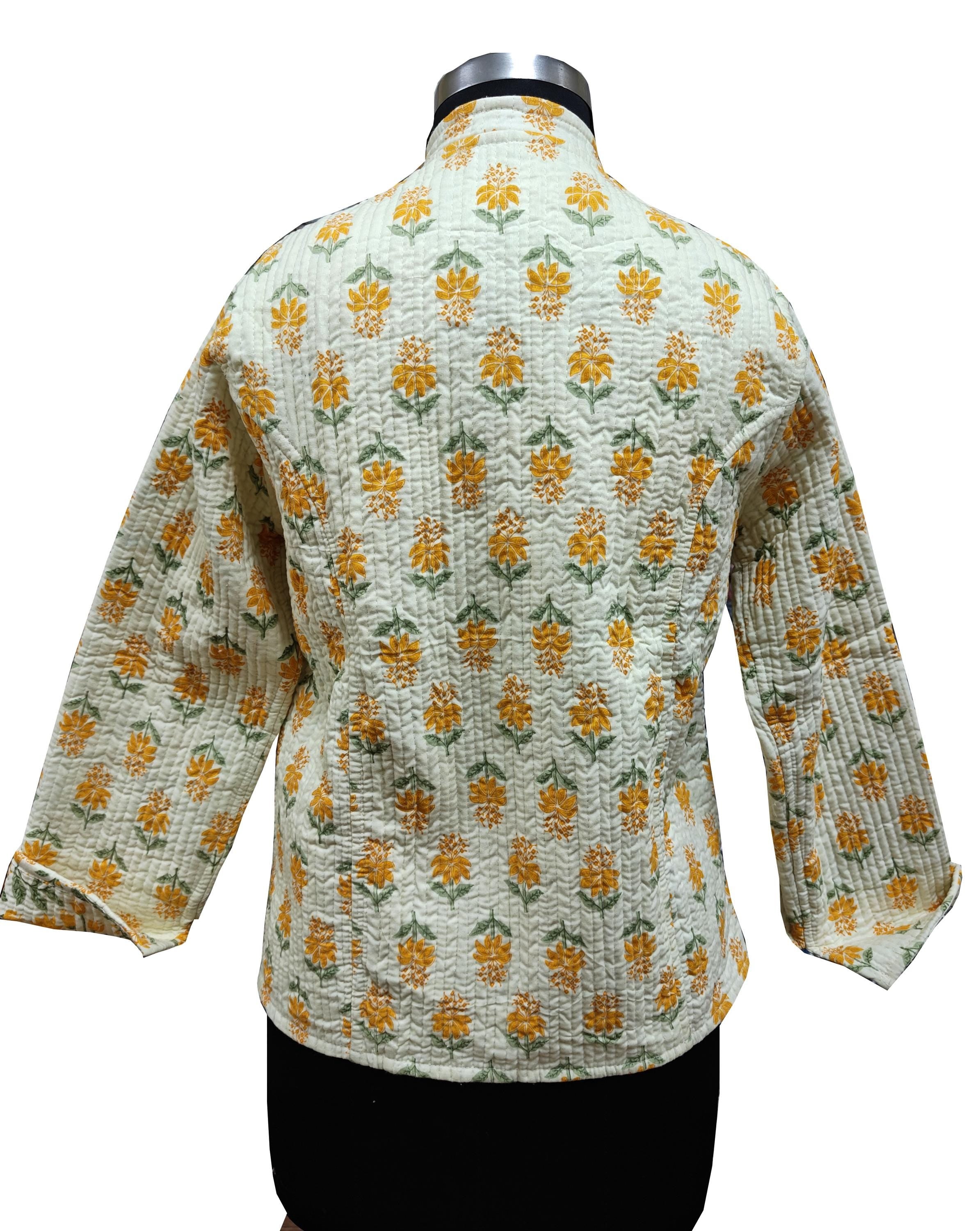 Quilted Reversible Hand Block Printed Boho Jacket – Indian Vintage Handmade White Full Sleeve Coat for Women