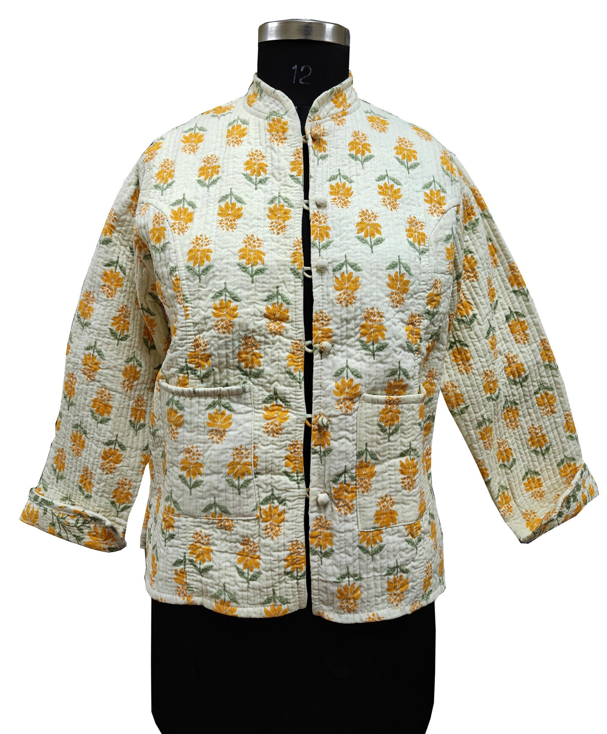 Quilted Reversible Hand Block Printed Boho Jacket – Indian Vintage Handmade White Full Sleeve Coat for Women
