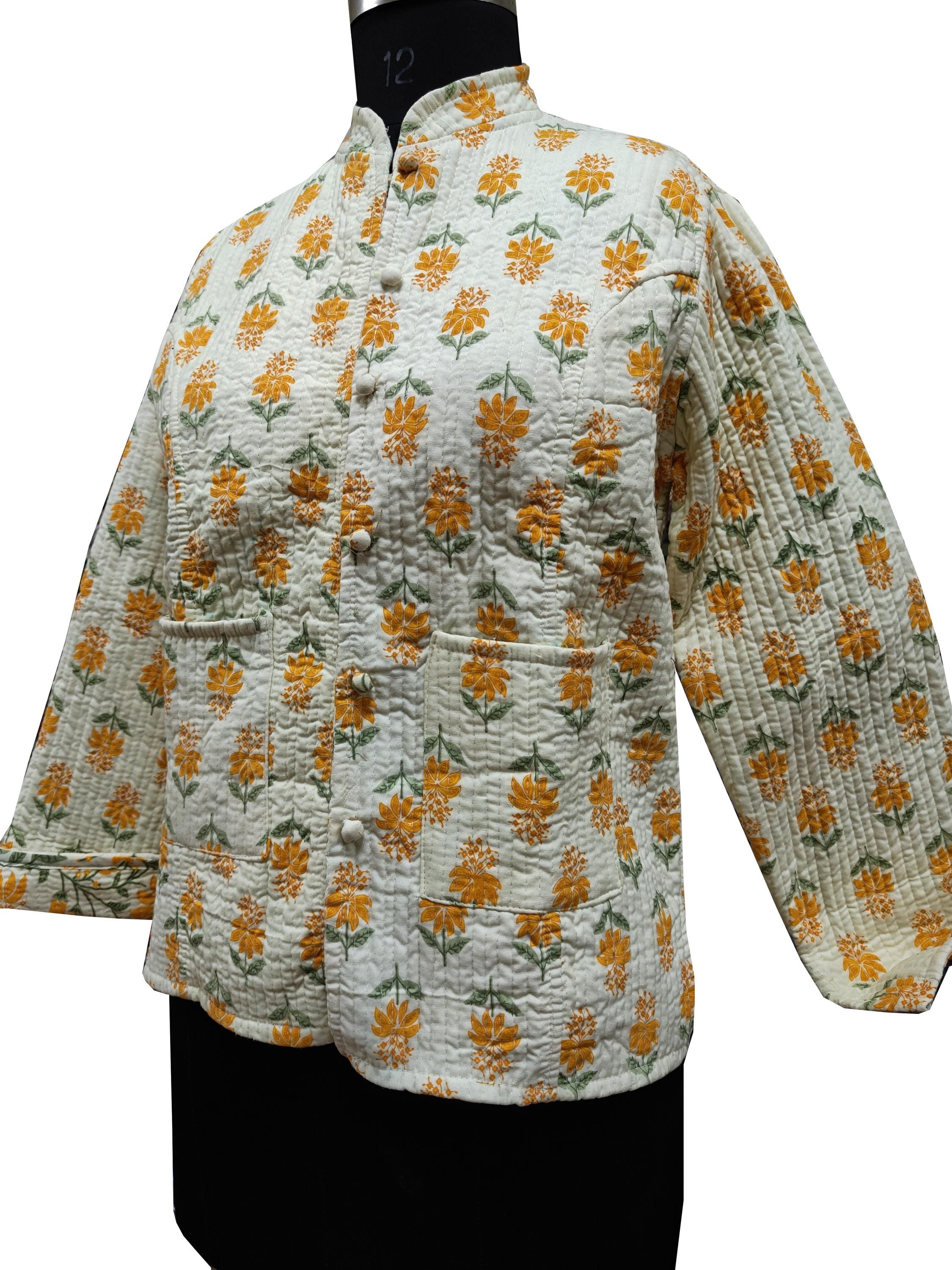 Quilted Reversible Hand Block Printed Boho Jacket – Indian Vintage Handmade White Full Sleeve Coat for Women