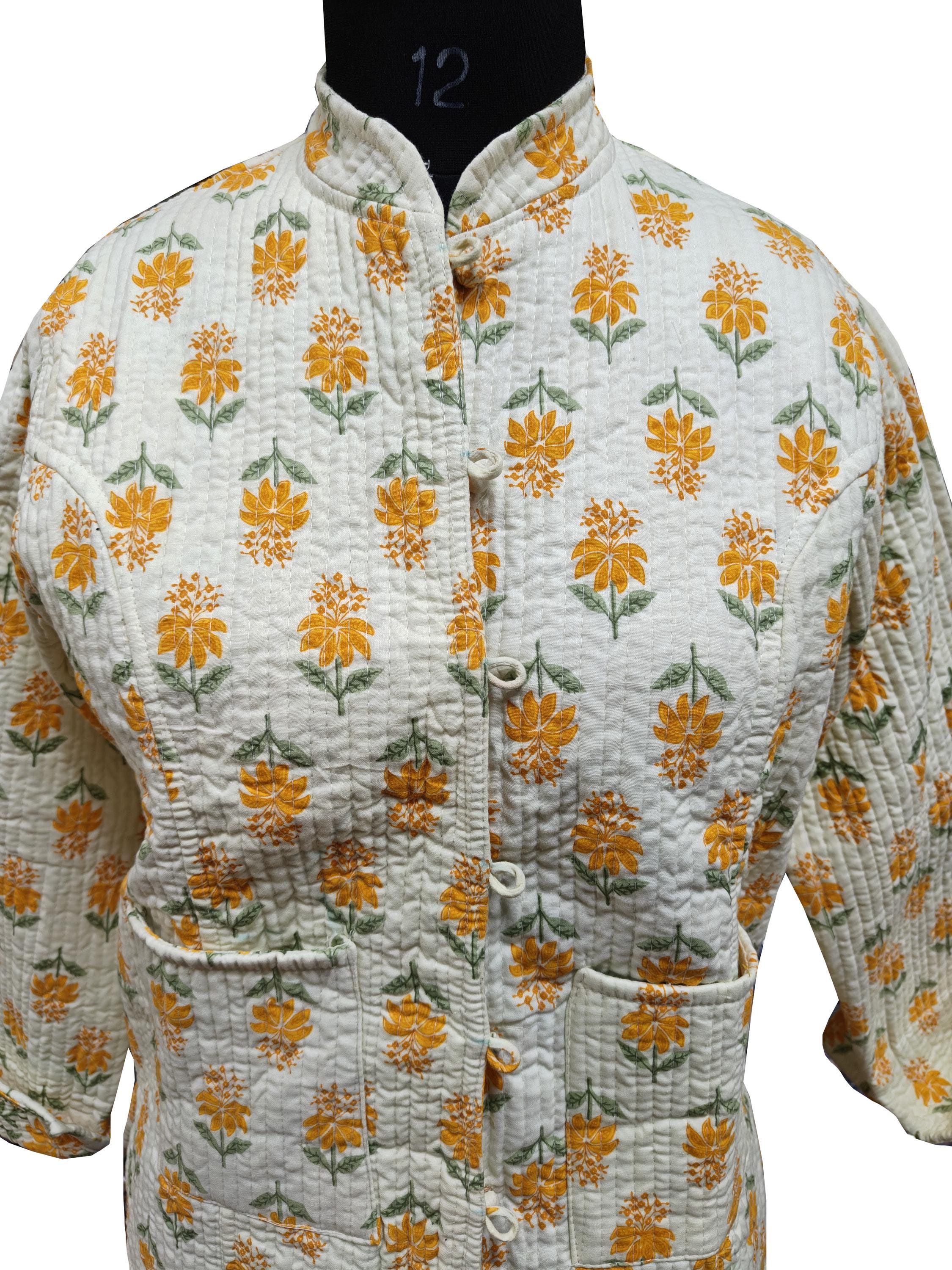 Quilted Reversible Hand Block Printed Boho Jacket – Indian Vintage Handmade White Full Sleeve Coat for Women