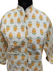 Quilted Reversible Hand Block Printed Boho Jacket – Indian Vintage Handmade White Full Sleeve Coat for Women